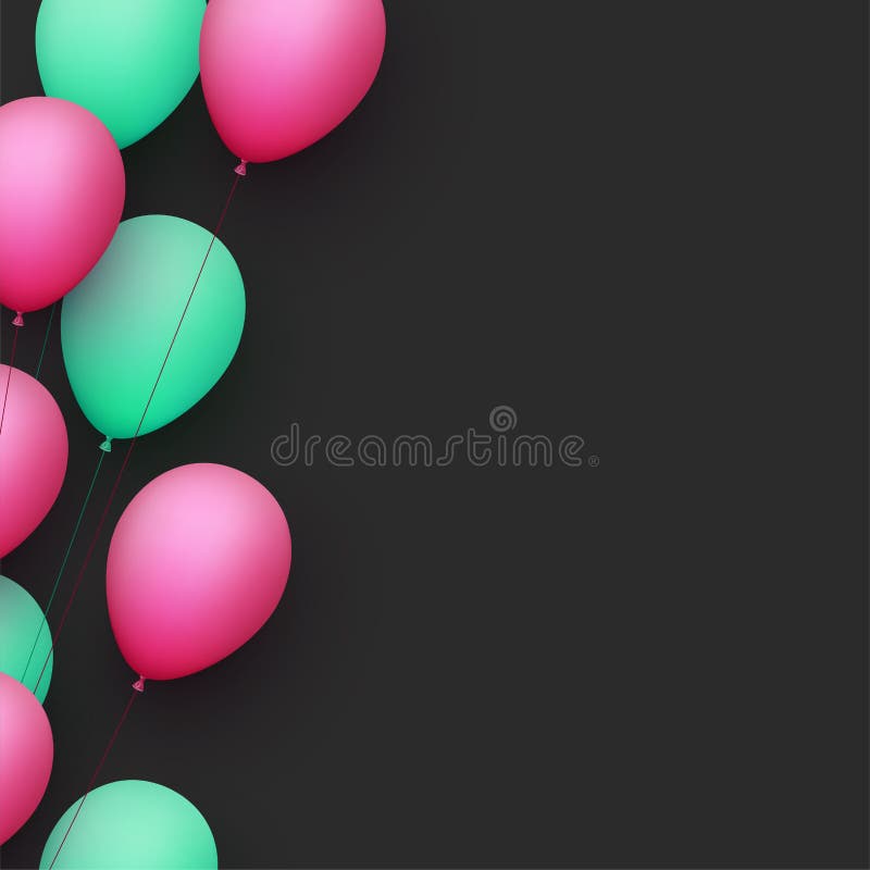 Pink and green balloons with threads on black background vector illustration