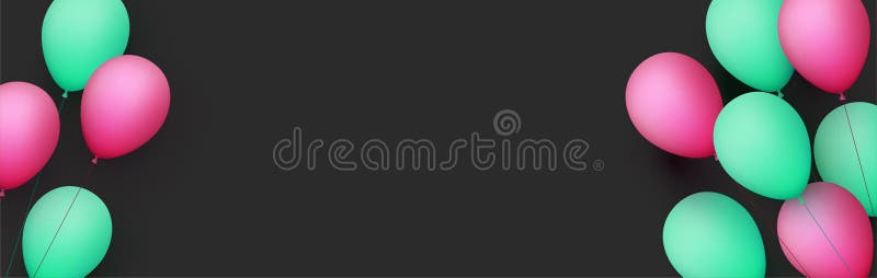 Pink and green balloons with threads on black background vector illustration