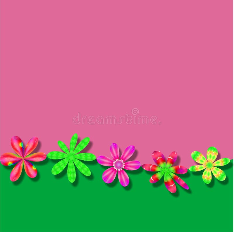 An illustration of a set of 5 fantasy pink and green flowers on a frame background wallpaper ready for copy for use in website wallpaper design, presentation, desktop, invitation and brochure backgrounds. An illustration of a set of 5 fantasy pink and green flowers on a frame background wallpaper ready for copy for use in website wallpaper design, presentation, desktop, invitation and brochure backgrounds.