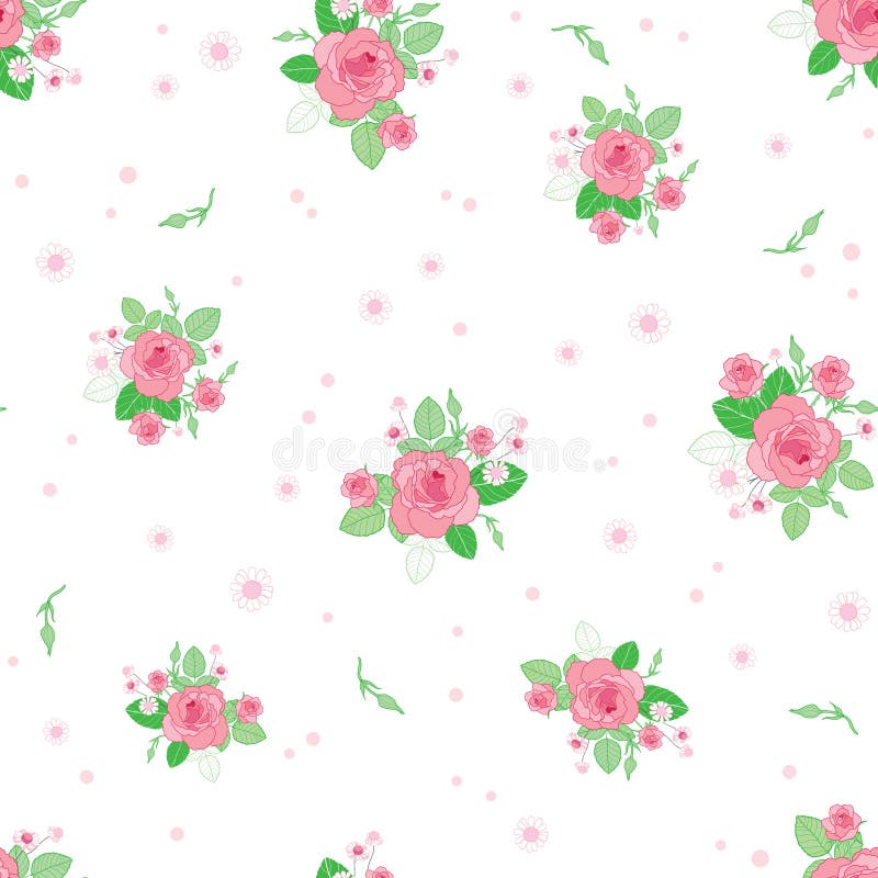 Pink green roses ditsy vintage seamless pattern. Great for retro summer fabric, scrapbooking, giftwrap, and wallpaper design projects. Surface pattern design.