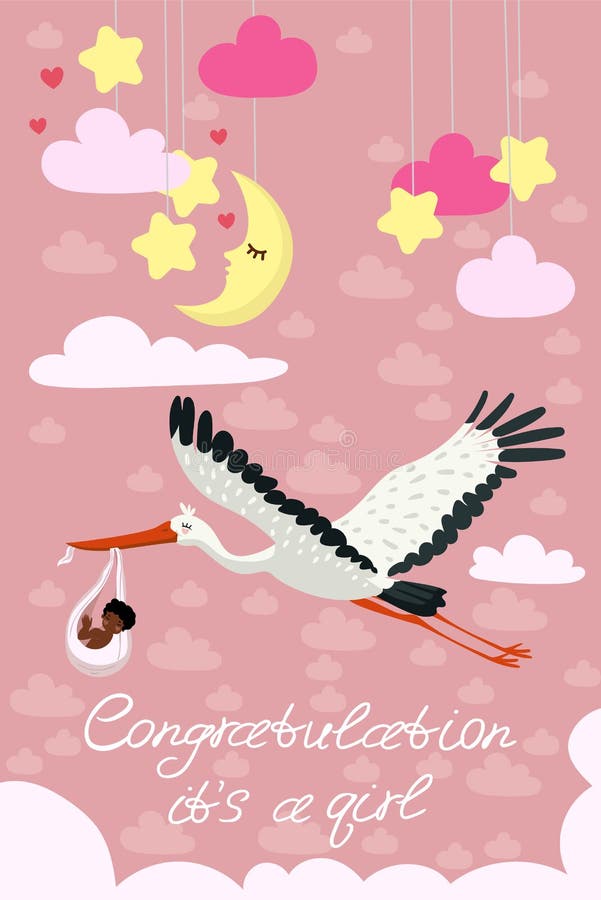 Pink greeting card for the arrival of the girl. A stork carries a cute black child in a bag. Vector postcard stock illustration Pink greeting card for the arrival of the girl. A stork carries a cute black child in a bag. Vector postcard stock illustration