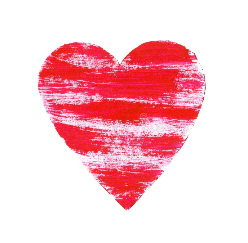 Pink heart, love symbol, Valentine`s card made by rough brush strokes. Hand drawn colourful illustration isolated on white background.