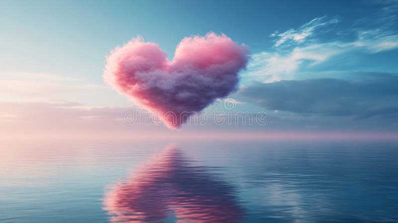 Pink heart-shaped cloud over calm ocean at sunset, romantic dreamscape concept royalty free stock photo