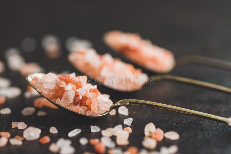 Pink Himalayan Salt in Spoon on Black Table Stock Image Image of nature, kitchen 265584591
