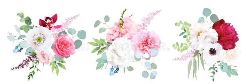 Pink hydrangea, rose, white peony, anemone, ochid and greenery