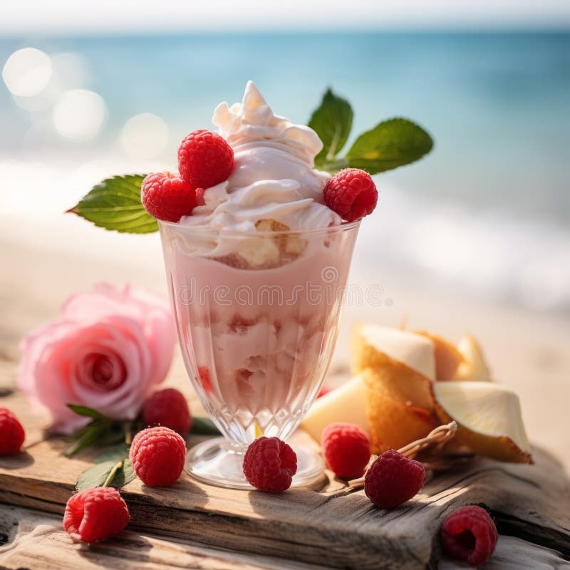 Pink Ice cream with berries in a dessert glass on the background of a blue sea. Beautiful composition of ice cream with vector illustration