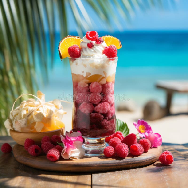 Pink Ice cream with berries in a dessert glass on the background of a blue sea. Beautiful composition of ice cream with stock illustration