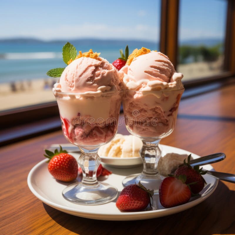 Pink Ice cream with fruits in a dessert glass on background of the blue sea. Beautiful composition of ice cream with strawberries royalty free illustration