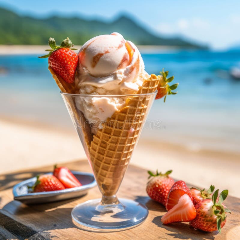 Pink Ice cream with fruits in a dessert glass on background of the blue sea. Beautiful composition of ice cream with strawberries stock illustration