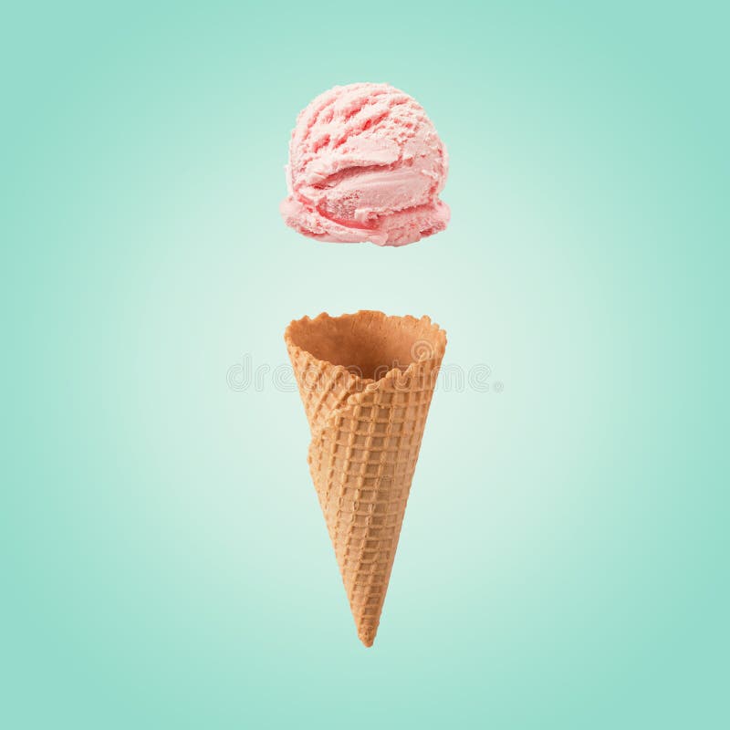 Pink Ice Cream Scoop with Ice Cream Cone on Bright Background. Minimal