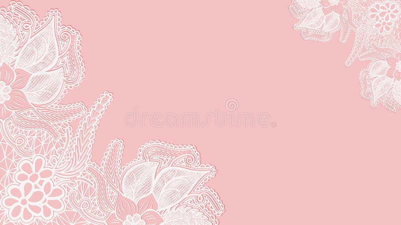 Pink lace background. Template greeting card or invitation with flowers in the corners.