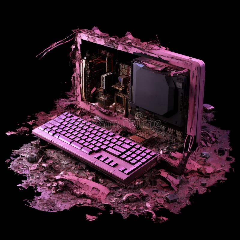 A pink laptop computer sitting on the ground with a broken keyboard generative ai. Old computer keyboard cpu monitor illustrations