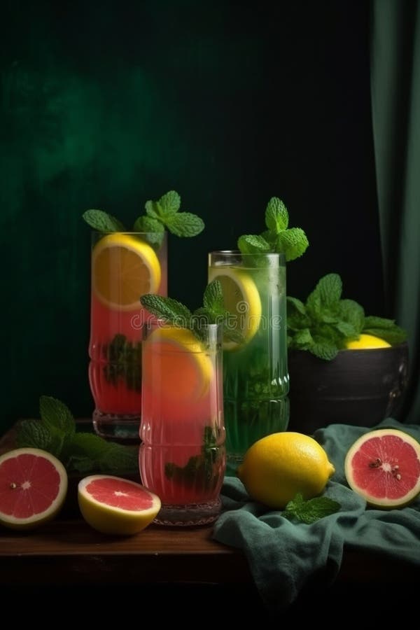 green alcohol drink in glass near fresh and organic limes on pink Stock  Photo by LightFieldStudios