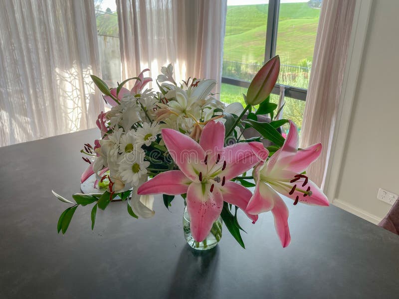 Pink Lilies and White Daisies Bouquet on a Table Stock Image Image of