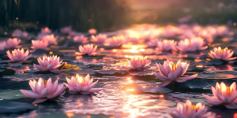 Pink Lotus Flowers Sunset Pond stock illustration