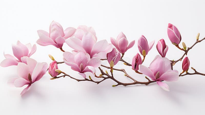 Pink magnolia blommor och knoppar som blåser på en gren mot en vit bakgrund som firar naturens och naturens skönhet royaltyfria foton
