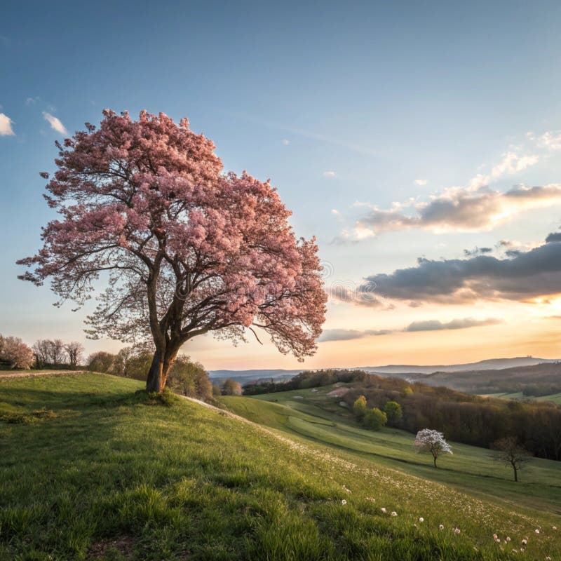 Pink Magnolia Tree on Spring Hill stock illustration