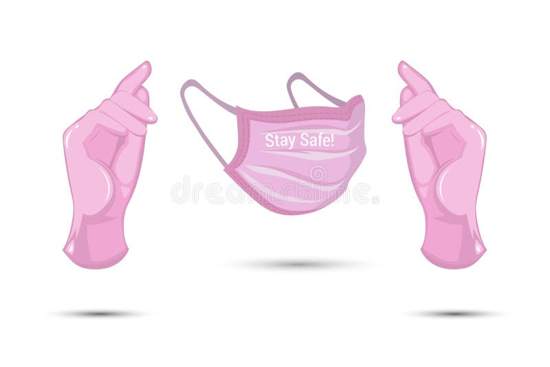 Pink mask and latex gloves for protection against covid-19 infection and flu epidemic on white background. Medical vector illustration