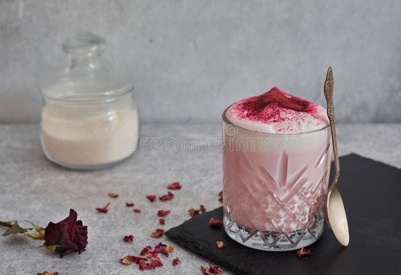 Pink Matcha Latte with Milk. Trendy Drink from Dragon Fruit Powder