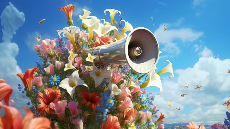 Flowers in a Megaphone. a Bouquet of Flowers Sticks Out of the Megaphone.  Creative Concept Stock Photo - Image of summer, speech: 244168408