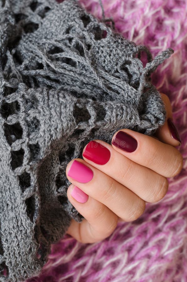 Pink Nail Design. Beautiful Female Hand with Different Shades of Pink ...