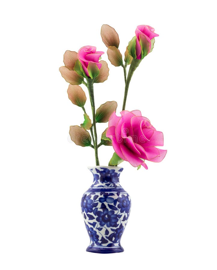 Pink Nylon Fabric Flower in Blue Ceramic Vase on Isolate White