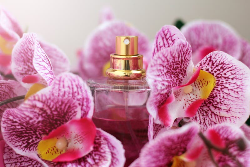 Orchid and perfume bottle stock image. Image of aroma 70019453