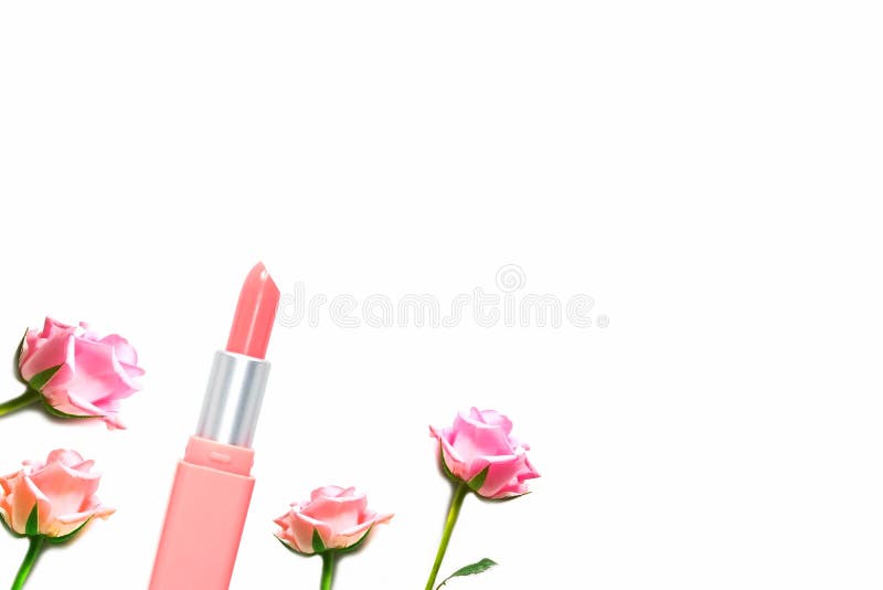 Pink Pastel Lipstick and Rose on White Background with Copy Space
