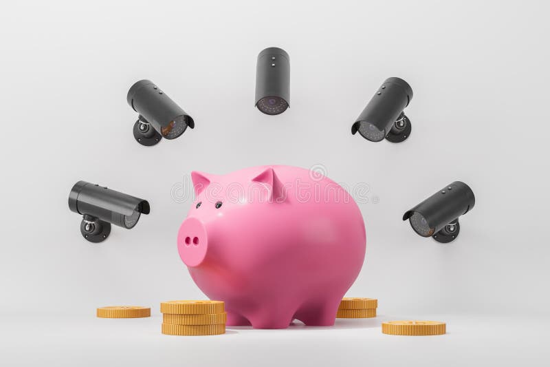 Pink piggy bank surrounded by security cameras and coins on white background. 3D Rendering vector illustration