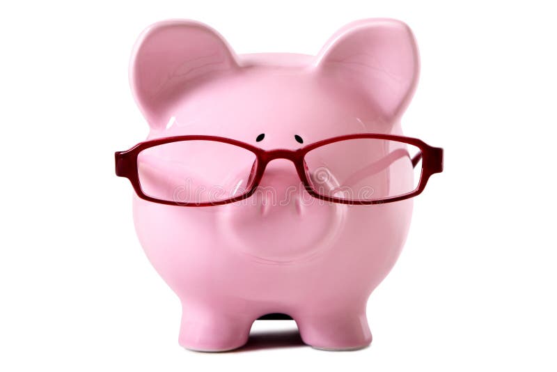 Pink piggy bank glasses isolated white background front view