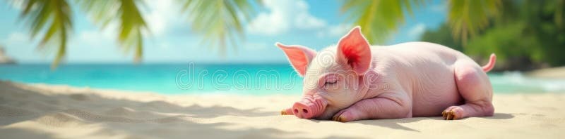 Pink piglet snoozing on sandy beach, palm trees overhead, peaceful, beach pig stock illustration
