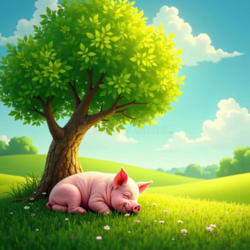 Pink piglets snoozing under leafy tree, summer sun , leaves, nap stock illustration