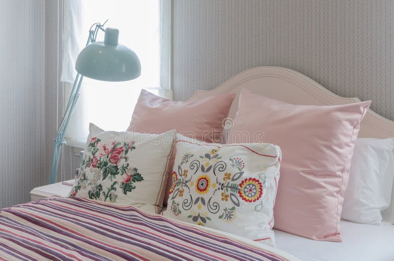 Pink Pillows on Bed in Bedroom Stock Photo Image of room, decoration 48326044