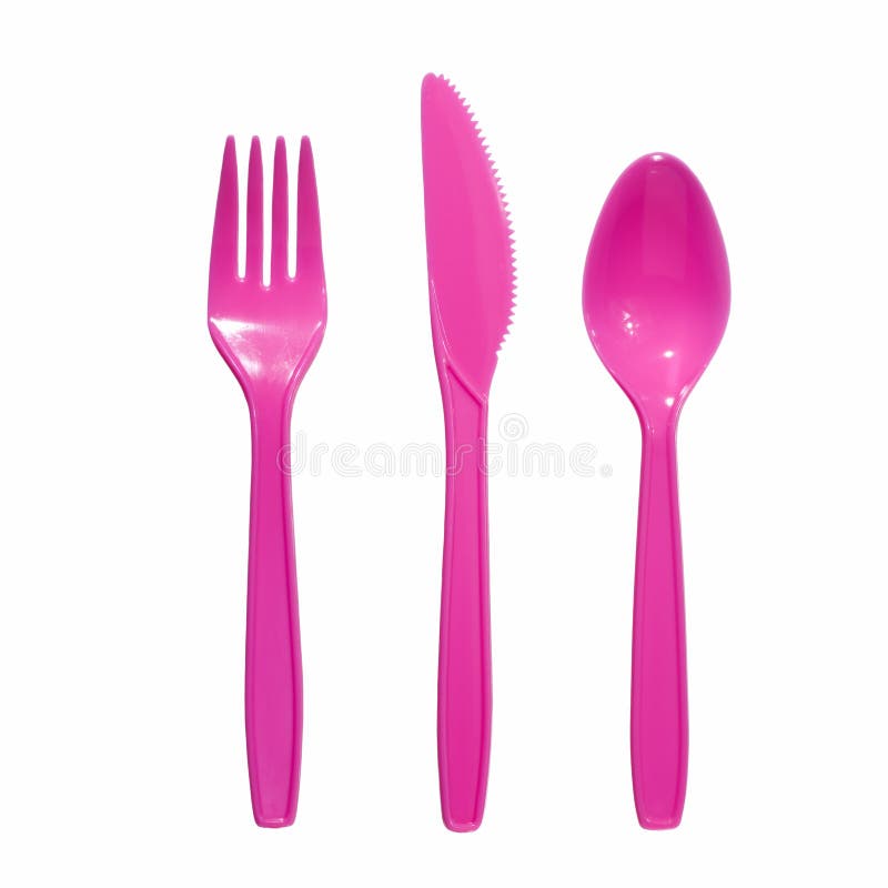 Pink plastic fork, knife spoon