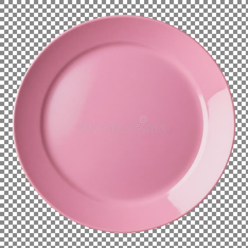 The image features a single pink plate with a smooth, glossy finish. The plate is centered against a checkered background composed of alternating light and dark squares. The plate's edge has a slight lip, and the surface appears clean and empty. The lighting highlights the plate's color and reflective surface. Cleanplate vectors