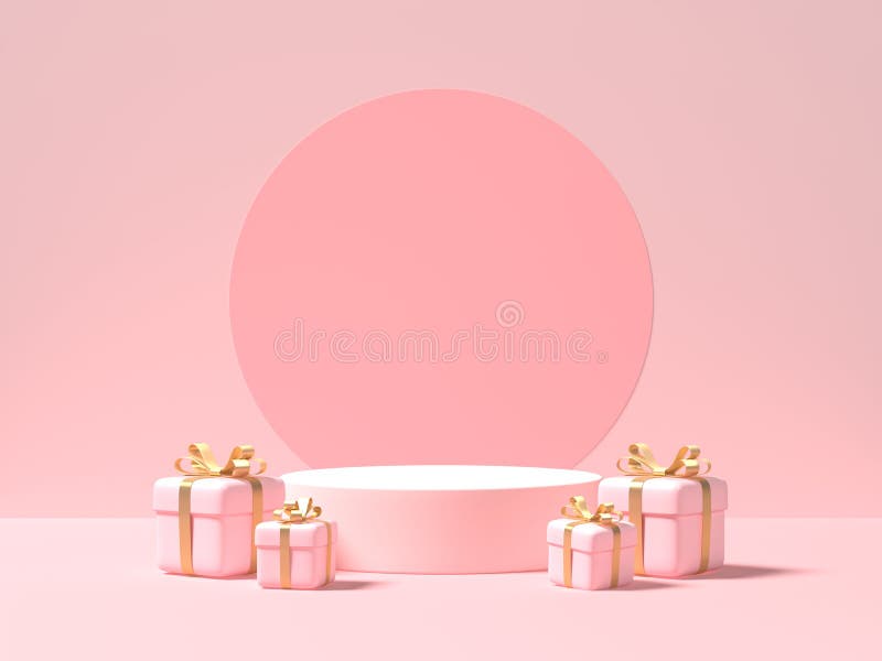 Rosa farbe einkaufsbox podium und stapel pappe geschenkboxen hintergrund.  3d-rendering-illustration.