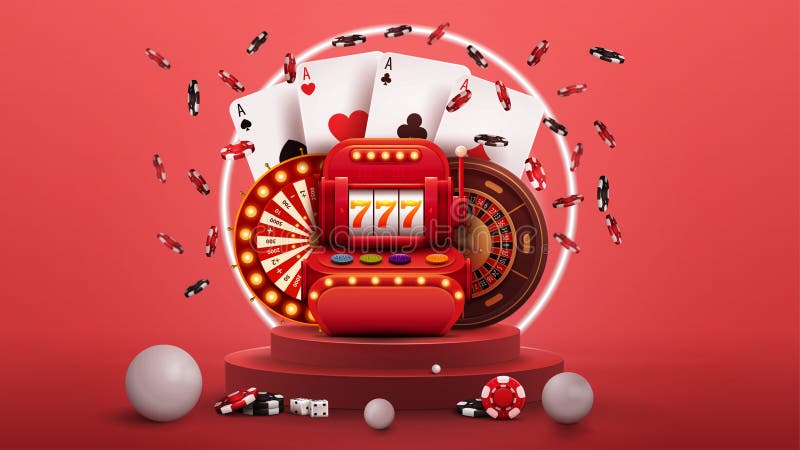 Pink podium with Red slot machine, Casino Wheel Fortune, Roulette, poker chips, playing cards and neon ring on background pink abstract scene with neon white ring. Pink podium with Red slot machine, Casino Wheel Fortune, Roulette, poker chips, playing cards and neon ring on background pink abstract scene with neon white ring.