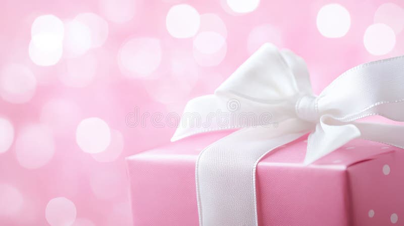 Pink Polka Dot Geschenkbox mit weißem Band auf einem Bokeh Hintergrund stockfotografie