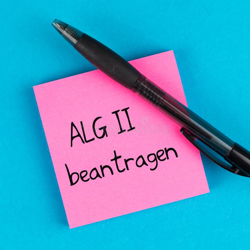 Pink post with pen on blue background and german text ALG 2 beantragen, in english apply for unemployment benefits