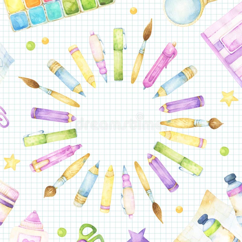 https://thumbs.dreamstime.com/b/pink-purple-green-yellow-template-selection-colorful-watercolor-school-stationery-clipart-pens-pencils-brushes-hand-222116924.jpg