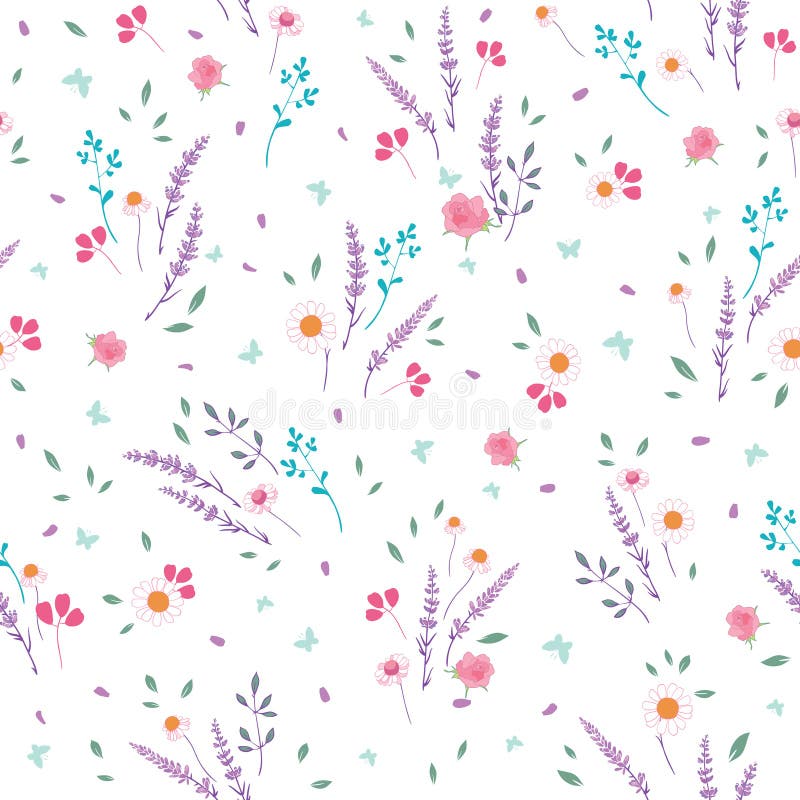 Pink purple roses and daisies ditsy seamless pattern. Great for retro summer fabric, scrapbooking, giftwrap, and wallpaper design projects. Surface pattern design.