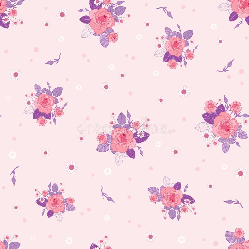 Pink purple roses ditsy vintage seamless pattern. Great for retro summer fabric, scrapbooking, giftwrap, and wallpaper design projects. Surface pattern design.