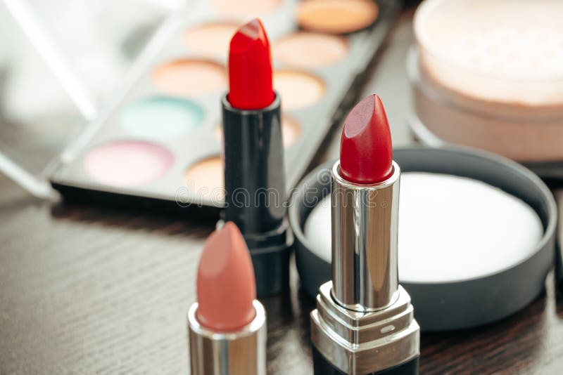 Pink and Red Lipsticks on Vanity Table Stock Photo Image of macro