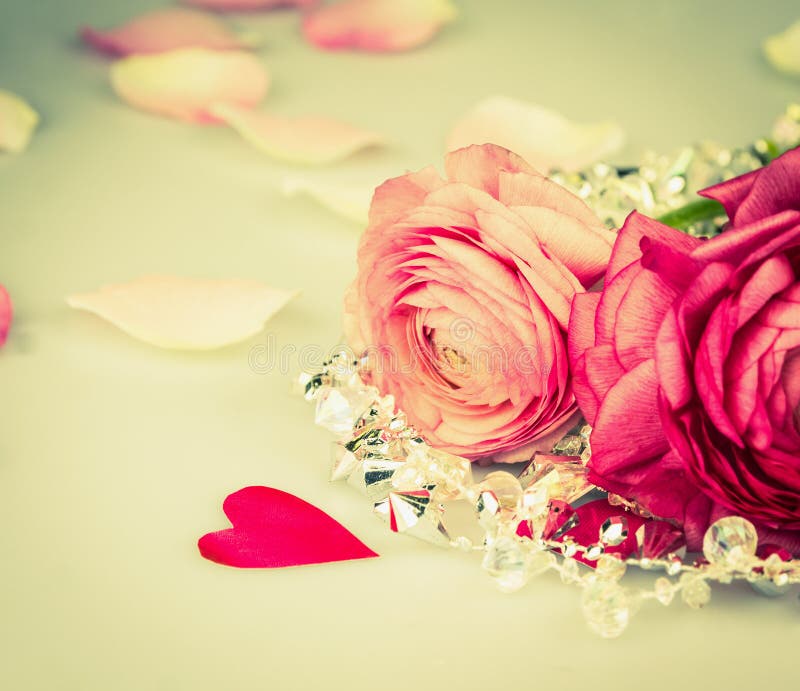 Pink red roses with heart and glas beads, love card