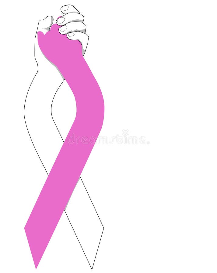 An Illustration of a pink ribbon signifying breast cancer awareness with two hand holding each other on top. An Illustration of a pink ribbon signifying breast cancer awareness with two hand holding each other on top