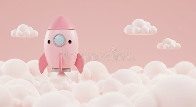 Rosa raketuppskjutning bland fluffiga moln En söt rosa raket stiger upp genom fluffiga vita moln mot en mjuk rosa bakgrund stock illustrationer