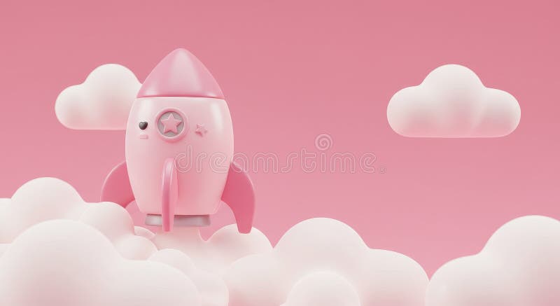 Rosa Raket Uppskjuten Genom Moln Bedårande rosa rymdskepp som svävar genom fluffiga vita moln mot en mjukrosa bakgrund royaltyfri illustrationer