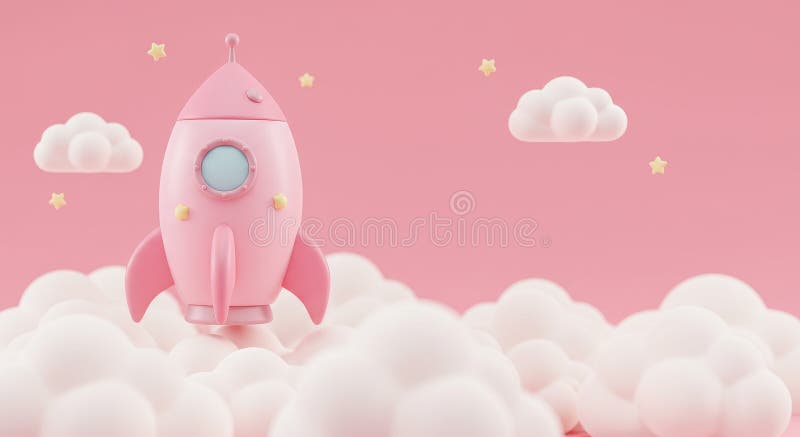 Rosa Raket som Startar in i Molnen - En bedårande rosa raket som svävar genom fluffiga moln mot en mjuk rosa bakgrund. Perfekt för stock illustrationer