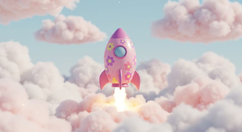Rosa Raket Startar Genom Moln En söt rosa raket prydd med blommor skjuts upp i en himmel fylld av fluffiga pastellmoln stock illustrationer