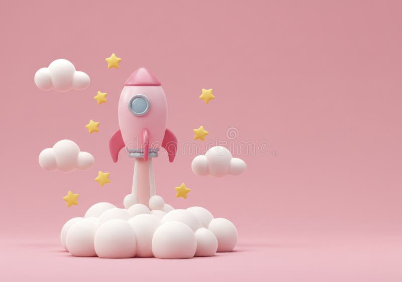Pink Rocket Launching with Clouds and Stars Cartoon Illustration stock illustrationer